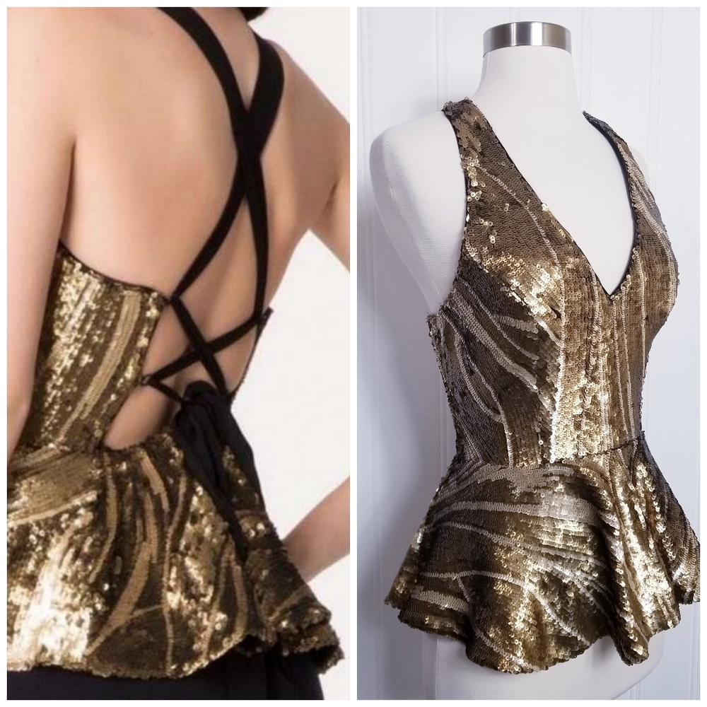 Bebe Gold Sequin Halter Peplum Top Open Back Plunge V Boned Small